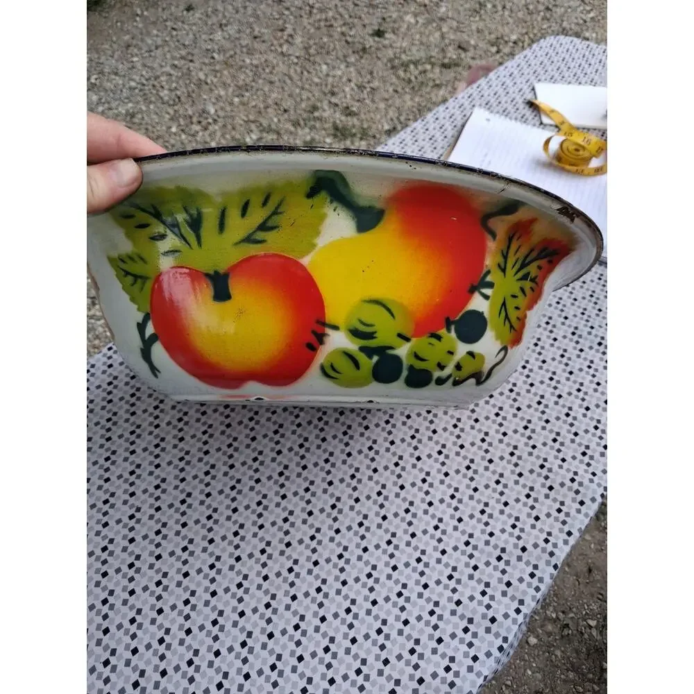 Vintage Enamel Metal Fruit Pattern Round Bowl 15 3/4 in Multicolor Painted